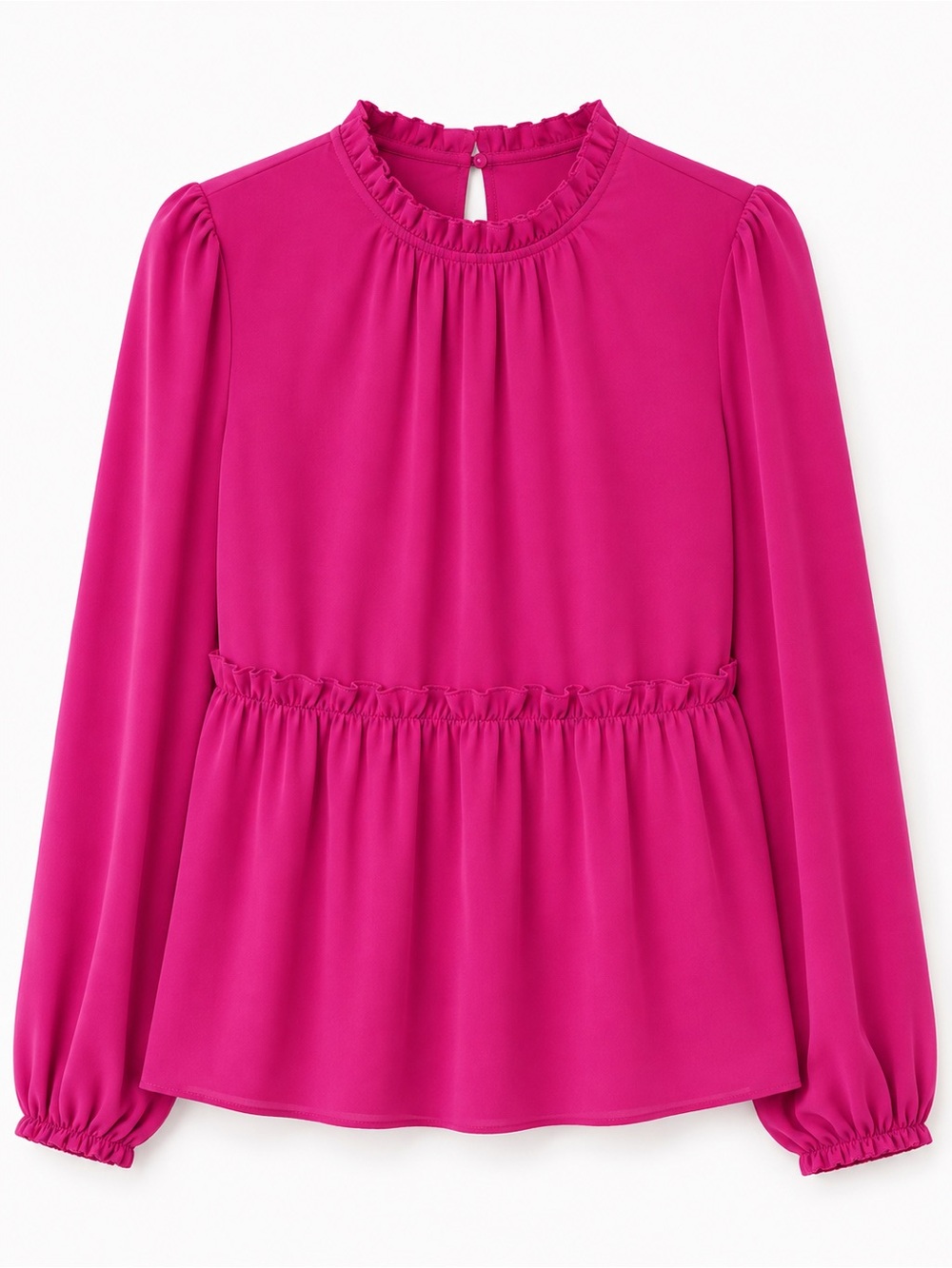 Women's Ruffle-Neck Long Sleeve Peplum Top - Fuchsia Pink
